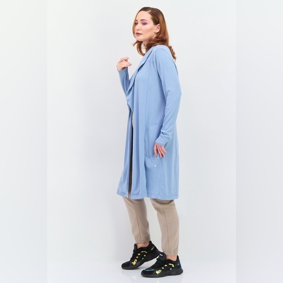 Women Split Neck Long Sleeve Plain Open Front Cardigan, Slate Blue NWT 72.00 - Picture 3 of 5